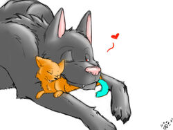  4:3 ambiguous_gender blue_tail bubble_kitten17 canid canine canis closed_eyes cuddling daww duo feather_chibika feral heart_symbol kengen male mammal red_eyes size_difference smile tail wolf young young_feral 