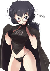  :o ario black_eyes black_hair black_panties cameltoe chinese_clothes commentary_request dudou female girls_und_panzer glasses haori jacket japanese_clothes messy_hair navel octagram open_mouth oryou_(girls_und_panzer) panties ponytail sakamoto_clan_(emblem) semi-rimless_eyewear solo thighs under-rim_eyewear underwear 