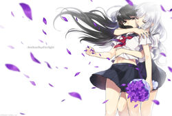  2girls black_hair brown_eyes flowers gray_hair hug long_hair navel original ot-nm petals seifuku shoujo_ai skirt 