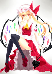  bad_id bad_pixiv_id blonde_hair female flandre_scarlet hat hat_ribbon highres long_hair red_eyes ribbon side_ponytail sitting solo thighhighs thighs touhou umeko_(koori_ume) wings 