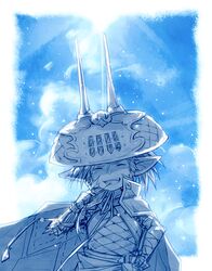  1boy blue_theme cape closed_eyes commentary_request gloves granblue_fantasy harvin hat iha_tobu long_hair male_focus monochrome open_mouth pointy_ears sevilbarra solo teeth upper_body 