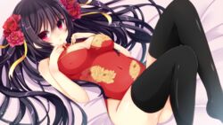  bare_arms bare_shoulders bed_sheet black_hair black_thighhighs bloodcatblack blush breasts china_dress chinese_clothes cleavage_cutout clothing_cutout commentary_request covered_navel covered_nipples dress eyes_visible_through_hair feet_out_of_frame female floral_print flower hair_between_eyes hair_flower hair_ornament hair_ribbon highres impossible_clothes large_breasts long_hair looking_at_viewer lying on_back original parted_lips pink_eyes pink_flower red_flower ribbon shiny_skin solo thighhighs two_side_up yellow_ribbon 