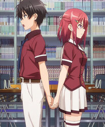  1boy andou_jurai anime_screenshot black_hair female from_side green_eyes highres holding_hands inou-battle_wa_nichijou-kei_no_naka_de interlocked_fingers kanzaki_tomoyo pleated_skirt purple_eyes red_hair school_uniform senkou_high_school_uniform short_hair skirt thighhighs 