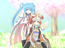  2girls armor blue_eyes blue_hair cardfight!!_vanguard collar crossover feathers garter_belt halo headgear helmet long_hair multiple_girls nymph_(sora_no_otoshimono) orange_eyes red_hair shorts sora_no_otoshimono stardust_trumpeter thighhighs twintails wings 