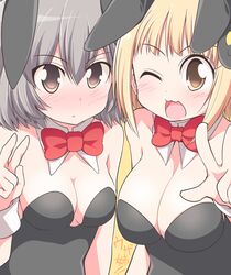  2girls ;d animal_ears bad_id bad_pixiv_id bare_shoulders blonde_hair blush bow bowtie breasts brown_eyes cleavage detached_collar fake_animal_ears grey_hair hair_ornament large_breasts looking_at_viewer medium_breasts multiple_girls one_eye_closed open_mouth pink_eyes playboy_bunny rabbit_ears rabbit_hair_ornament red_bow red_bowtie saegusa_yuna serebi_ryousangata short_hair smile usami_mimi_(uzanee!!) uzanee!! v 