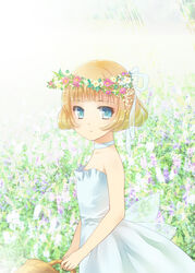  bare_shoulders basket blonde_hair blue_eyes commentary_request dress female flower hair_flower hair_ornament hair_ribbon head_wreath highres original ribbon short_hair solo strapless strapless_dress takigawa_yuu 