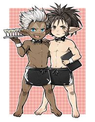  2boys abs barefoot blue_eyes blush bow bowtie brown_hair commentary_request dark-skinned_male dark_skin drink facial_tattoo granblue_fantasy harvin highres iha_tobu long_hair male_focus multiple_boys navel open_mouth ponytail sevilbarra skull_(granblue_fantasy) tattoo teeth tongue tongue_out topless_male waiter white_hair 