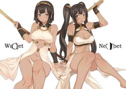  2girls arm_support armlet bare_shoulders blush bracer breasts brown_eyes brown_hair cleavage cleavage_cutout clothing_cutout collarbone commentary_request covered_nipples dark-skinned_female dark_skin downscaled egyptian egyptian_mythology fingerless_gloves gloves groin hairband large_breasts long_hair looking_at_viewer md5_mismatch multiple_girls navel nekhbet original polearm resized resolution_mismatch ricci short_hair sitting smile source_larger underwear uraeus wadjet_(mythology) weapon white_background 