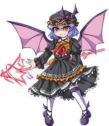  alternate_costume ascot bat_wings black_dress blue_hair brooch commentary_request dress female fun_bo gothic_lolita hat hat_ribbon jewelry juliet_sleeves lolita_fashion long_sleeves marisa_to_alice_no_cookie_storia mob_cap over-kneehighs puffy_sleeves red_eyes remilia_scarlet ribbon sash smile solo spear_the_gungnir thighhighs touhou white_thighhighs wings zettai_ryouiki 