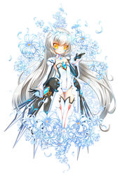  :o absurdres armor armpits ass_visible_through_thighs bad_id bad_pixiv_id blush code:_battle_seraph_(elsword) cowboy_shot detached_collar detached_sleeves elsword eve_(elsword) facial_mark faulds female flat_chest floating_hair flower forehead_protector gem gloves glowing highres hip_focus lace legs_together leotard long_hair looking_at_viewer low_twintails neon_trim parted_lips petals poseich sleeves_past_wrists solo standing strapless strapless_leotard thigh_gap thighhighs twintails very_long_hair white_background white_hair white_thighhighs yellow_eyes 