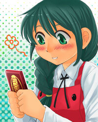  bad_id bad_pixiv_id blush braid candy chocolate chocolate_bar female food green_eyes green_hair hidamari_sketch long_hair natsume_(hidamari_sketch) parted_lips photoshop_(medium) smile solo upper_body yamanashi_shuntarou 