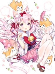  &gt;_&lt; :3 :d ancotaku animal animal_ears azur_lane bell blush bow brown_footwear canine cat_ears cat_girl cat_tail chinese_zodiac closed_mouth commentary_request dango female floral_background food frilled_skirt frills hair_between_eyes hair_ribbon hairbow highres japanese_clothes jingle_bell kimono kisaragi_(azur_lane) kisaragi_(new_year&#039;s_wish)_(azur_lane) long_sleeves looking_at_viewer obi official_alternate_costume open_mouth pantyhose petals pink_hair pink_skirt purple_eyes red_bow red_ribbon ribbon sandals sanshoku_dango sash short_kimono skirt smile solo tail thick_eyebrows thighband_pantyhose v-shaped_eyebrows wagashi white_background white_kimono white_pantyhose wide_sleeves year_of_the_dog zouri 