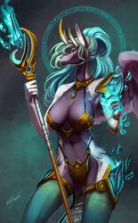  alicorn anthro armor big_breasts blue_eyes blue_hair breasts choker clothed clothing collar equid equine feathered_wings feathers female floating fur gem glowing grey_body grey_fur hair hair_bun halo hi_res horn jewelry legwear long_neck magic magic_circle mammal mythological_creature mythological_equine mythology necklace no_pupils pendant sapphire_(gem) scales simple_background solo spots staff standing stockings thescarletartist unconvincing_armor white_body white_fur wide_hips wings 