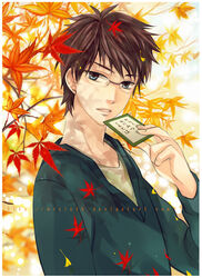  1boy artist_name autumn_leaves blue_eyes branch brown_hair card chihayafuru commentary_request glasses holding holding_card karuta_(card_game) leaf looking_at_viewer male_focus mrsloth parted_lips photoshop_(medium) solo standing sweater upper_body uta-garuta wataya_arata watermark web_address 