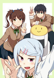  1boy 2girls :&gt; absurdres blush brown_eyes brown_hair chair commentary_request desk hair_ornament hairclip has_bad_revision has_downscaled_revision highres kuroneko_shiro looking_at_viewer md5_mismatch mole multiple_girls open_mouth original red_eyes resolution_mismatch short_hair silver_hair sitting skirt smile source_smaller twintails v 