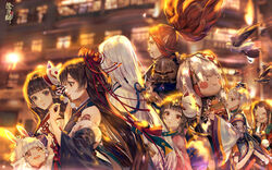  3boys 6+girls abe_no_seimei_(onmyoji) black_hair blunt_bangs building character_doll chinese_commentary commentary_request crying detached_sleeves eating flower flower_tattoo flying from_side hair_flower hair_ornament higanbana_(onmyoji) horns ibaraki_douji_(onmyoji) japanese_clothes kagura_(onmyoji) karasu_tengu_(onmyoji) kimono long_hair looking_at_another mask mask_on_head multiple_boys multiple_girls name_connection object_namesake onmyoji ootengu_(onmyoji) open_mouth photoshop_(medium) pink_lips red_hair red_ribbon ribbon say_hana short_hair shoulder_tattoo shuten_douji_(onmyoji) single_horn smile spider_lily stuffed_toy tattoo tears very_long_hair walking white_hair wide_sleeves wings yama_usagi_(onmyoji) yuki_douji_(onmyoji) yuki_onna_(onmyoji) zashiki_warashi_(onmyoji) 