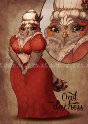  anthro avian beak bird clothed clothing female looking_at_viewer overweight overweight_anthro overweight_female owl solo standing thescarletartist watermark 