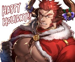  ! !! 1boy agielba alternate_costume bad_id bad_pixiv_id bara bare_pectorals beard beckoning bell bow christmas commentary_request draph facial_hair fur_trim gloves granblue_fantasy highres horns konohanaya leaf male_focus muscular muscular_male orange_hair pectorals red_eyes santa_costume simple_background solo teeth upper_body white_background 