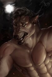  abs anthro biceps canid canine clothed clothing facial_hair fangs goatee hair hi_res looking_at_viewer male mammal muscular muscular_anthro muscular_male mythological_canine mythological_creature mythology night nude pecs solo teeth thescarletartist topless vein were werecanid werecanine werewolf 