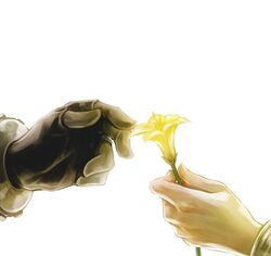  1boy aerith_gainsborough bracelet cloud_strife commentary_request female final_fantasy final_fantasy_vii flower gloves jewelry md5_mismatch simple_background tetra_takamine 