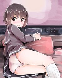  ass brown_eyes brown_hair female highres hoono_yurumu lie looking_back lying on_side original panties school_uniform serafuku short_hair smile solo underwear white_panties 