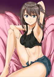  arm_up armpits bad_id bad_pixiv_id blue_eyes breasts brown_hair crop_top female highres long_hair looking_at_viewer medium_breasts navel one_side_up sakura_shibataro seiren shorts sideboob smile solo tank_top tsuneki_hikari 