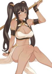  arm_support armlet bare_shoulders blush breasts brown_eyes brown_hair cleavage cleavage_cutout clothing_cutout commentary_request dark-skinned_female dark_skin downscaled egyptian_mythology female fingerless_gloves gloves highres large_breasts long_hair looking_at_viewer md5_mismatch nekhbet original polearm resized resolution_mismatch ricci sitting solo source_larger weapon white_background 