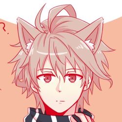  1boy ahoge animal_ears bangs brown_hair cat_ears eyebrows_visible_through_hair fate/apocrypha fate_(series) fokwolf looking_at_viewer male_focus red_eyes scarf scarf_pull short_hair sieg_(fate/apocrypha) solo 