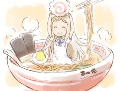  :d ano_hi_mita_hana_no_namae_wo_bokutachi_wa_mada_shiranai. bowl closed_eyes commentary_request dress egg female food honma_meiko in_bowl in_container in_food kamaboko long_hair meandros mini_person minigirl narutomaki noodles nori_(seaweed) open_mouth pun ramen shirotaka_(shirotaka) smile solo 