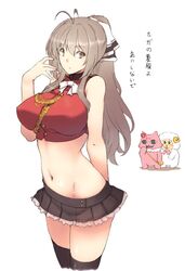  adapted_costume aiguillette amagi_brilliant_park antenna_hair arm_behind_back black_thighhighs breasts commentary_request cowboy_shot creature crop_top female large_breasts long_hair macaron_(amaburi) microskirt midriff nakadori_(movgnsk) navel pleated_skirt ponytail sento_isuzu skirt sleeveless solo thighhighs tiramii translated white_background 