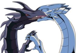  blue-eyes_white_dragon blue_eyes burume claws dragon duel_monster duo french_kissing kissing konami mythological_creature mythological_scalie mythology red-eyes_black_dragon red_eyes scalie sharp_teeth teeth yu-gi-oh! 