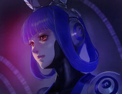  android blue_hair blunt_bangs commentary_request dark expressionless female from_below fujiwara_hisashi hair_rings lips multicolored_eyes phantasy_star phantasy_star_portable phantasy_star_universe photoshop_(medium) portrait realistic red_eyes robot_ears science_fiction solo spiral vivienne_(phantasy_star) 