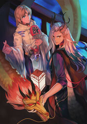  2boys blonde_hair blue_eyes commentary_request dragon hand_fan highres holding holding_fan horns ichimoku_ren_(onmyoji) long_hair looking_at_viewer male_focus mask multiple_boys onmyoji ootengu_(onmyoji) paper_fan photoshop_(medium) pointy_ears red_eyes robe smile tengu_mask uchiwa white_hair white_robe wide_sleeves yuzu-chan_(isisisisisisis) 