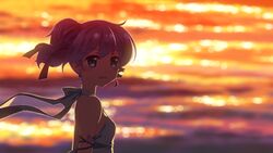  :d absurdres armlet bare_shoulders blue_eyes casual djmax djmax_portable earrings evening female halterneck highres jewelry ladymade_star looking_at_viewer looking_back nina_klatt open_mouth ponytail purple_hair reflection scan side_ponytail smile solo strap_gap sunlight upper_body water yuuki_tatsuya 