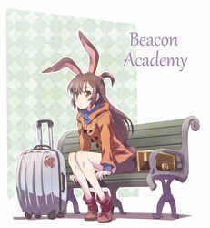  animal_ears bench brown_eyes brown_hair commentary cosplay female han_megumi iesupa jacket kagari_atsuko kagari_atsuko_(cosplay) little_witch_academia long_hair luggage rabbit_ears rabbit_girl rolling_suitcase rwby short_ponytail solo suitcase thighs velvet_scarlatina voice_actor_connection 