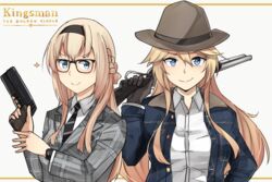  &gt;:) 2girls alternate_costume bespectacled black-framed_eyewear black_necktie blonde_hair blue_eyes brown_hat buttons commentary_request glasses gun hair_between_eyes hat holding holding_gun holding_weapon ido_(teketeke) iowa_(kancolle) kantai_collection kingsman:_the_golden_circle kingsman:_the_secret_service long_hair long_sleeves multiple_girls necktie parody smile sparkle v-shaped_eyebrows warspite_(kancolle) weapon 