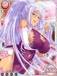  bare_shoulders blush breast_hold breasts cleavage cleavage_cutout clothing_cutout dark-skinned_female dark_skin detached_sleeves dress female garter_straps gloves koihime_musou kougai large_breasts light_purple_hair lipstick long_hair looking_at_viewer makeup mole mole_under_mouth pelvic_curtain photoshop_(medium) ponytail sidelocks sleeveless smile solo sparkle very_long_hair 