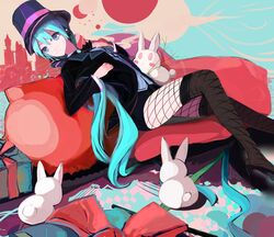  aqua_eyes aqua_hair commentary_request female fishnet_pantyhose fishnets hat hatsune_miku highres long_hair magician magician_(module) miracle_paint_(vocaloid) pantyhose project_diva project_diva_(series) rabbit sitting solo sound_tamashi thighhighs thighhighs_over_pantyhose top_hat very_long_hair vocaloid 