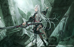  boots gray long_hair pixiv_fantasia ruins sword thighhighs weapon white_hair zhouran 