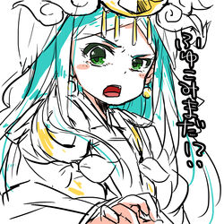  amaterasu_(p&amp;d) angry aqua_hair blush_stickers commentary_request earrings female green_eyes headdress highres japanese_clothes jewelry kimono long_hair long_sleeves open_mouth photoshop_(medium) pikomarie puzzle_&amp;_dragons simple_background solo spot_color translation_request white_background 