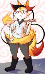  2017 anthro anthrofied braixen bypolter canid canine clothed clothing cute_fangs female fluffy full-length_portrait generation_6_pokemon hi_res looking_at_viewer mammal nintendo off_(game) pokemon pokemon_(species) pokemorph portrait simple_background snout solo standing the_batter_(off) 