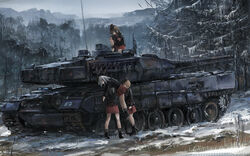  4girls boots brown_hair caterpillar_tracks chinese_commentary commentary_request derivative_work eisernes_kreuz emblem foreshortening girls_und_panzer grey_hair hat itsumi_erika kneeling kuromorimine_(emblem) kuromorimine_military_uniform leopard_2 lifting_person military military_uniform military_vehicle motor_vehicle multiple_girls nishizumi_maho nishizumi_miho outdoors photo-referenced school_uniform skirt snow stu_dts tank uniform 