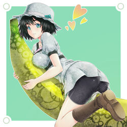  ass banana bike_shorts black_hair blue_eyes blush boots breasts commentary_request female food fruit gears green_eyes hat heart highres holding holding_food holding_fruit hugging_object kanata_(kanata_onion) large_breasts light_smile looking_back on_banana oversized_food oversized_object shiina_mayuri short_hair solo steins;gate 