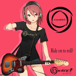  bad_id bad_pixiv_id collarbone electric_guitar female fender_jaguar fender_musical_instruments_corporation guitar headphones instrument nishiuri_warito original plectrum red_eyes red_hair shirt short_hair shorts solo t-shirt 