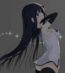  akitaka_akita black_hair black_thighhighs commentary_request detached_sleeves female gokukoku_no_brynhildr grey_background highres kuroha_neko long_hair purple_eyes simple_background solo thighhighs 