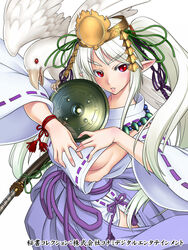  \||/ bird breasts commentary_request detached_sleeves eyebrows female gochou_(kedama) hair_ornament headdress highres hisho_collection japanese_clothes jewelry large_breasts long_hair looking_at_viewer magatama miko necklace no_bra official_art parted_lips photoshop_(medium) pointy_ears red_eyes sideboob silver_hair solo sword weapon white_background 