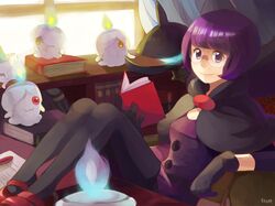  :3 bad_id bad_pixiv_id blunt_bangs bob_cut book candle cape collarbone elbow_gloves female glasses gloves indoors kyuubee lampent litwick low-cut mahou_shoujo_madoka_magica mahou_shoujo_madoka_magica_(anime) mary_janes pantyhose pokemon pokemon_(creature) pokemon_bw purple_hair purple_skirt reka round_eyewear shauntal_(pokemon) shoes sitting skirt 