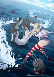  2girls abyssal_ship ass backpack bag black_panties blonde_hair blue_skirt blue_sky cannon cloud commentary_request day elbow_gloves facing_away from_behind full_body gloves glowing glowing_eyes grey_hair grin hair_ribbon hairband highleg highleg_panties highres hood hoodie kantai_collection long_hair looking_at_another looking_back microskirt midriff multiple_girls ocean outdoors outstretched_arms pale_skin panties photoshop_(medium) pleated_skirt re-class_battleship rensouhou-chan ribbon sailor_collar shimakaze_(kancolle) skirt sky smile splashing standing standing_on_liquid striped_clothes striped_thighhighs surrounded tail thighhighs thong turret underwear waves white_bag white_gloves youmak 