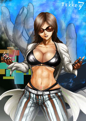  abs black_bra black_panties bra breasts brown_hair cleavage female highleg highleg_panties katarina_alves large_breasts lips long_hair midriff navel open_clothes open_shirt oreoreon panties pants parted_bangs shirt solo striped tattoo tekken tekken_7 underwear vertical_stripes 