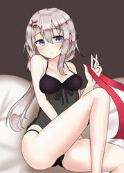  9a-91_(girls_frontline) babydoll bangs blue_eyes blush breasts female finesoda girls_frontline hair_between_eyes hair_ornament highres holding long_hair medium_breasts panties ribbon see-through sidelocks silver_hair sitting solo star star_hair_ornament underwear 